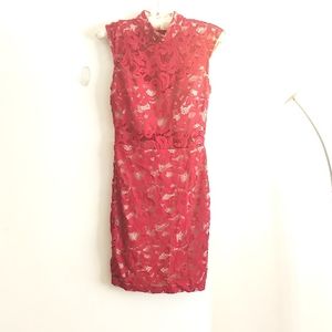 B. Darlin Crimson Red Lace Overlay Sheer Sexy Nude Mock Neck Mini Dress Cocktail